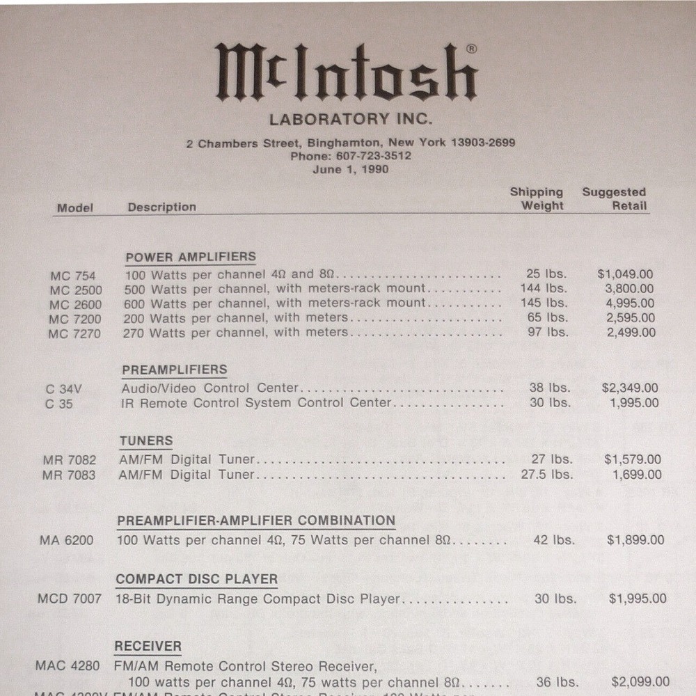 Vintage 1990 McIntosh Laboratory Audio Equipment Price List Ephemera
